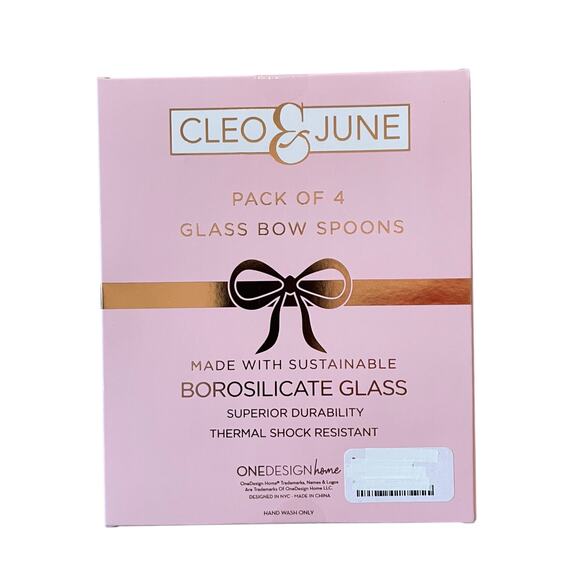 Cleo & June Glass Pink Bow Spoons Set of 4 NEW - Picture 4 of 7